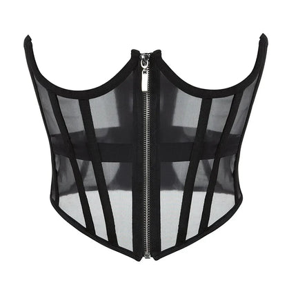 Ladies Transparent Mesh Corset Waist Training Bustier With Zipper Sexy Shaper Night Club Sweet Cropped Top