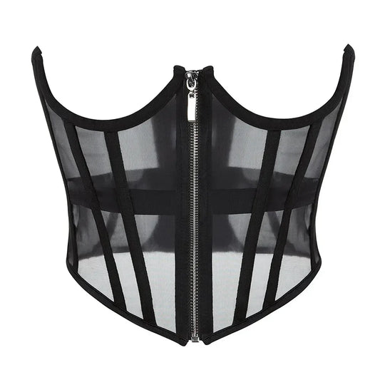 Ladies Transparent Mesh Corset Waist Training Bustier With Zipper Sexy Shaper Night Club Sweet Cropped Top