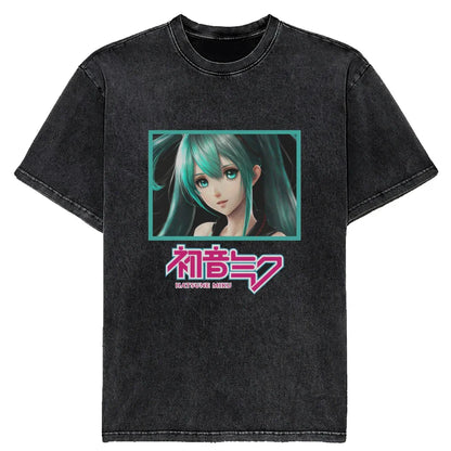 New 2025 Japanese Hatsune Miku Anime Printed Washed Cotton Retro Distressed Short-Sleeved Unisex T-Shirt Vintage Men Women