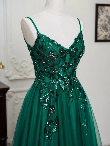 Sexy Maxi Train Evening Dresses Spaghetti Straps V-Neck Sequin Appliques Backless Prom Dress Tulle A-Line High Split Sling Gowns