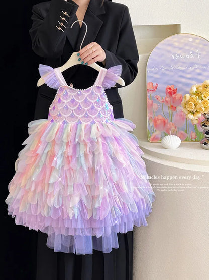 A Sweet and Lovely Girls' Mermaid Dress in Light Purple, Hot Sale Colorful Sparkling Sequin Party Outfit