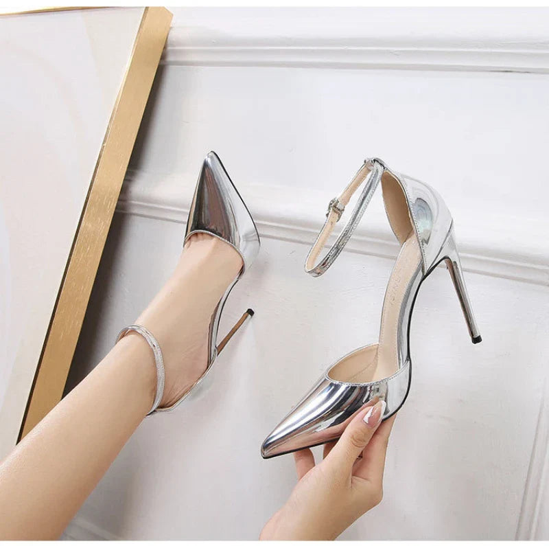 Professional Suit French High Heels One-Liner Strap Pointed Toe Thin Heel Shallow Mouth Hollow Super High Heels Versatile