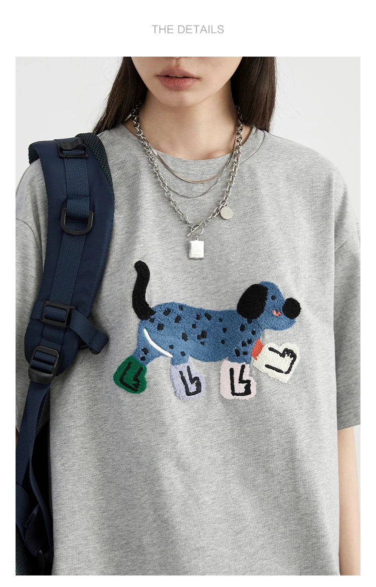 CHIC VEN Camisetas Femininas Soltas Streetwear Unissex Divertido Cão Bordado Manga Curta Algodão Blusas Menina Femininas Verão 2025