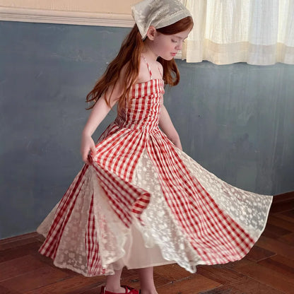 2025 Summer New Children Fairy Long Dress for Girls French Red Checkered Lace Splicing Lace Strap Dress