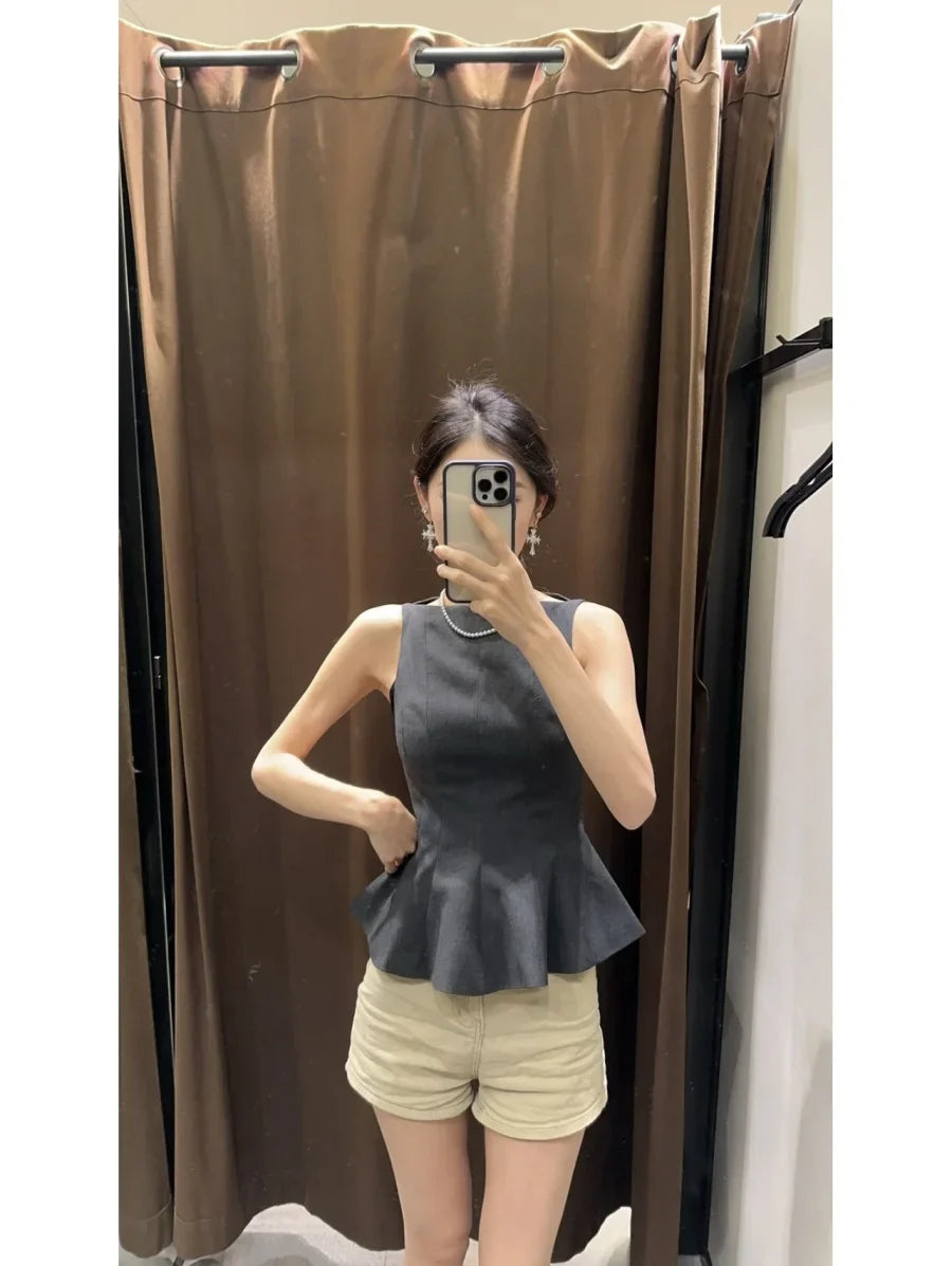 Fall/Winter 2025 New  Women's Fashion Elegant ruffled hem round neck sleeveless waist slim-fit top 4661124
