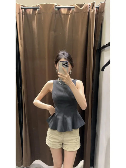 Fall/Winter 2025 New  Women's Fashion Elegant ruffled hem round neck sleeveless waist slim-fit top 4661124