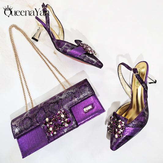 Elegant Mature Purple Color Style Rhinestone and Print Design Pointed Toe High Heels and Bag Set for Party Wedding