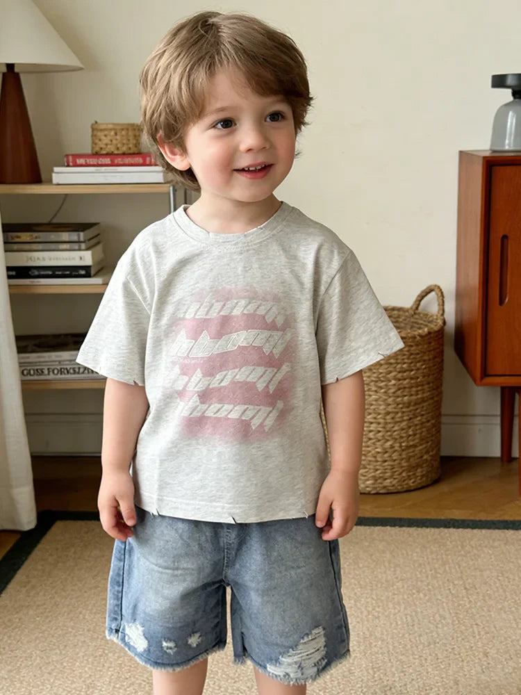 Toddler Boys 2Pcs Summer Outfits Letter Print Short Sleeve T-Shirt Ripped Denim Shorts Set Kids Boys Casual Daily Clothes 2-6Y