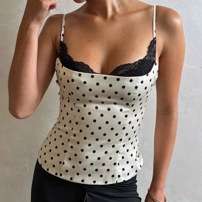 Chic Lace Patchwork Polka Dot Camis Tops Elegant Sleeveless Tank Tops Summer Casual Daily Wear Streetwear Camisole 2026