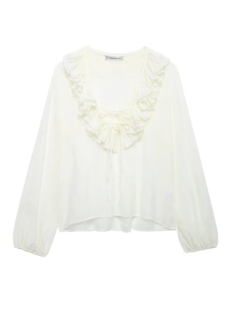 Women Fashion Long Sleeve V Neck Tierred Ruffles Loose Blouse Female Solid Color Casual Shirts Blusas Chic Tops LS6317