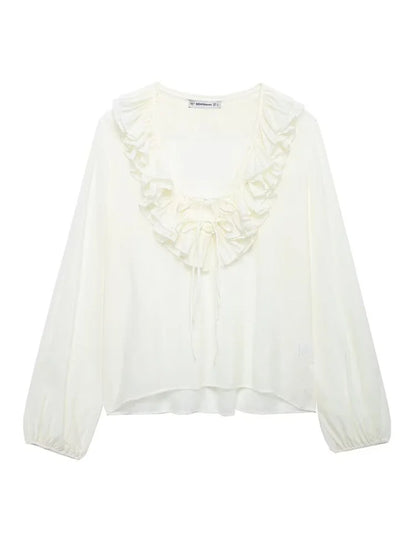 Women Fashion Long Sleeve V Neck Tierred Ruffles Loose Blouse Female Solid Color Casual Shirts Blusas Chic Tops LS6317