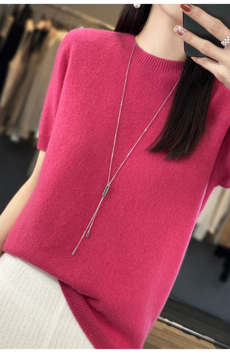 100% pure wool T-shirt spring and summer new women's O-neck pullover short sleeve loose five-sleeve sweater high-end top