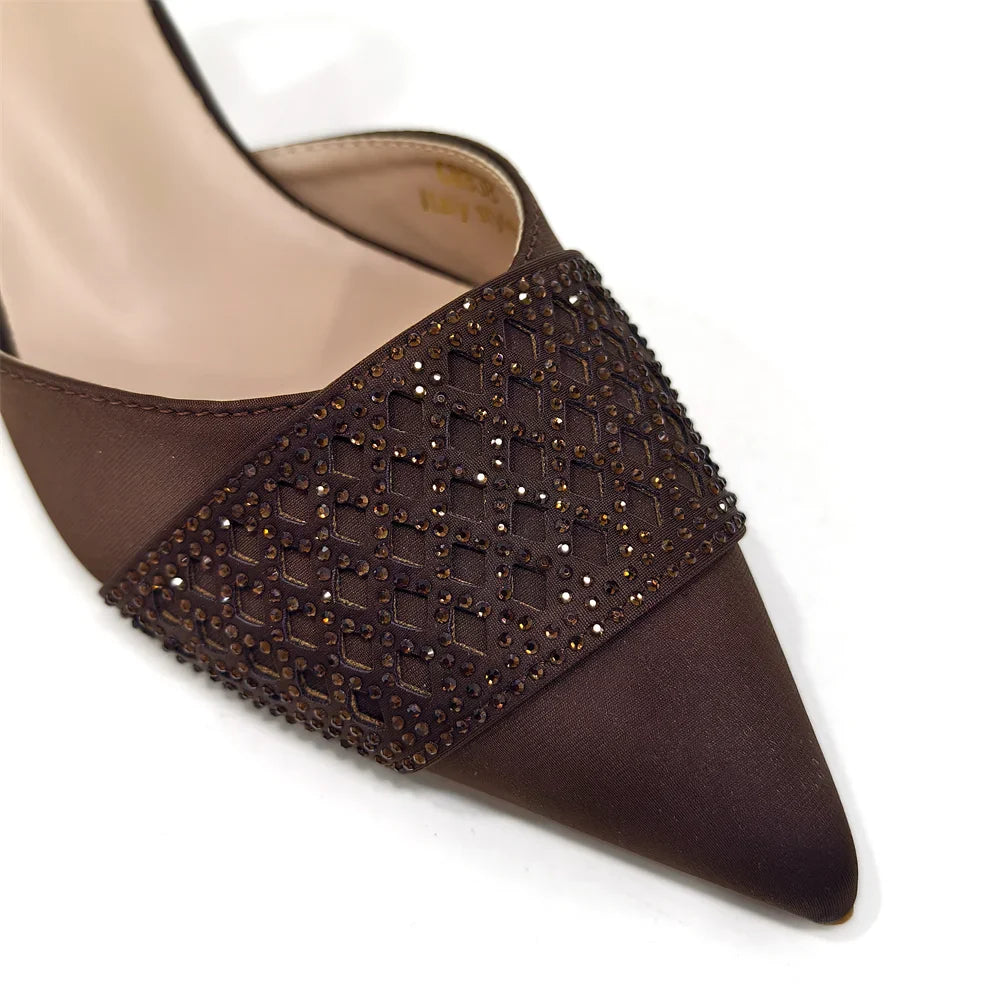 Fashion Brown Color Women's Party Shoes and Bag Set With Elegant Diamond Butterfly Design - Stylish and Chic