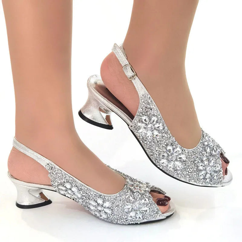 2022 Women's Party Sandals Fashion Full Diamond Flower Design Heel High 5CM Champagne Color Wedding Banquet Ladies Shoes