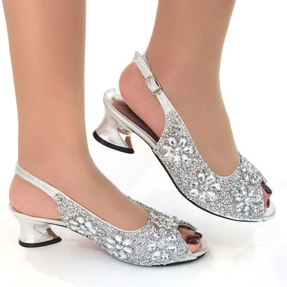 2022 Women's Party Sandals Fashion Full Diamond Flower Design Heel High 5CM Champagne Color Wedding Banquet Ladies Shoes