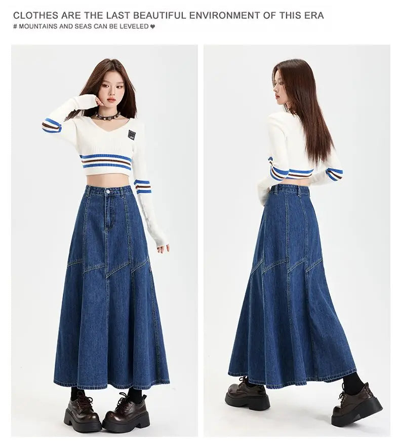 Women Blue A-line Denim Skirt Vintage Aesthetic Y2k Patchwork New Jean Skirt Harajuku Korean Cowboy Skirts 2000s Clothes Summer