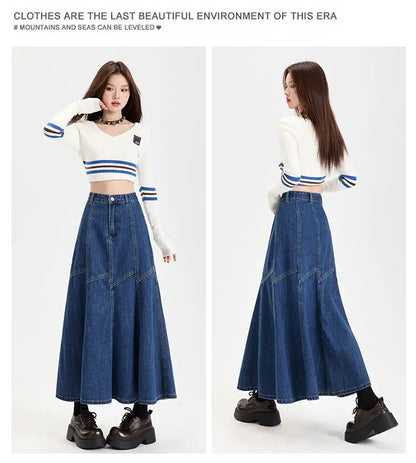 Women Blue A-line Denim Skirt Vintage Aesthetic Y2k Patchwork New Jean Skirt Harajuku Korean Cowboy Skirts 2000s Clothes Summer