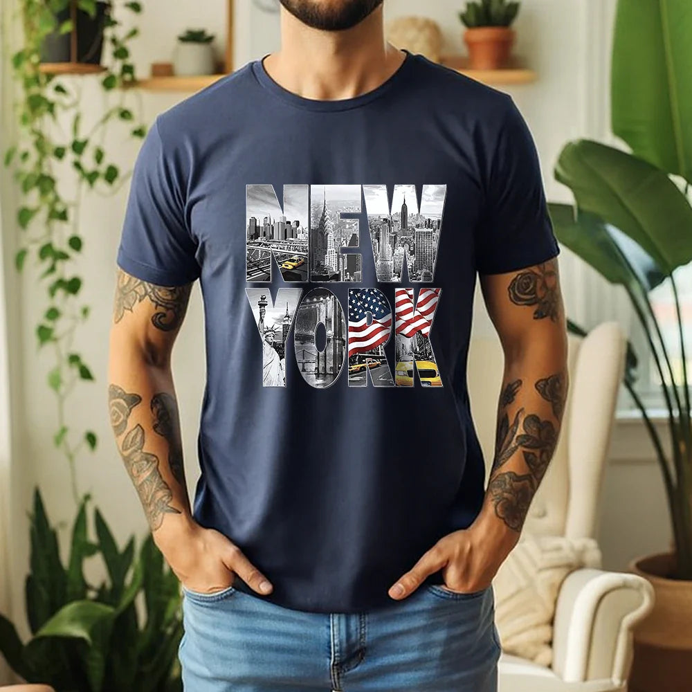 New Summer 100% Cotton T-Shirt New York City Landmark Letter Retro American Street Style Oversized Breathable Short Sleeve