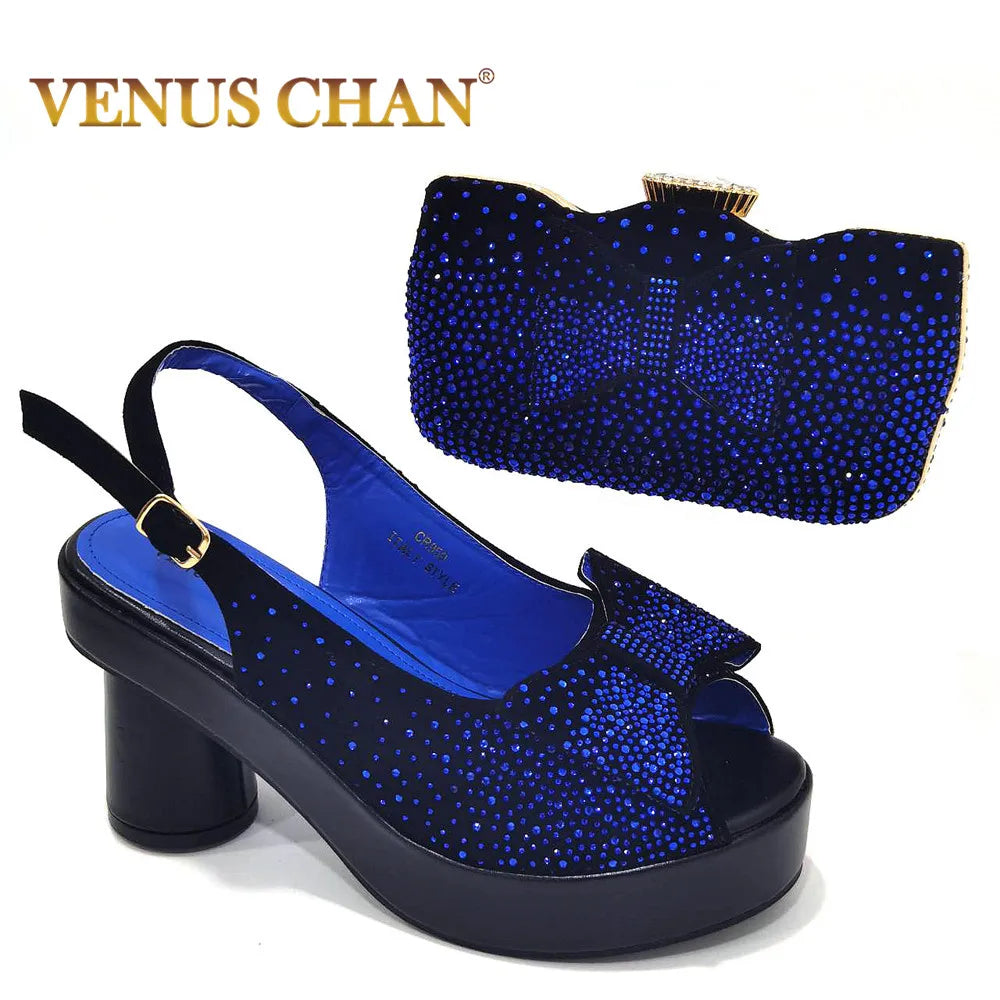 Silver Fashion Square Heels with Platform African Women Shoes and Bag Set Full Crystal Pumps for Wedding Party