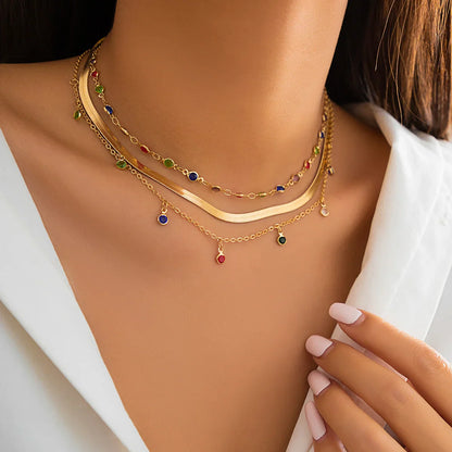 Trendy MultiLayered Color Crystal Chain Choker Necklace for Women Boho Flat Snake Chain Clavicle Short Necklace