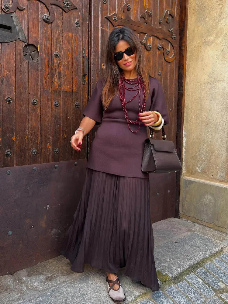 Women Elegant Half Sleeves O-Collar Pleated Dress Spring Woman Rear Zipper Splicing Vintage Casual Knitted Long Dress