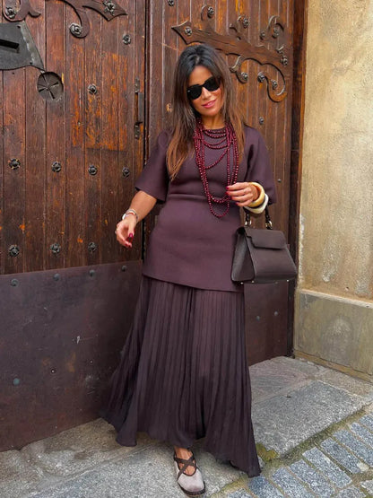 Women Elegant Half Sleeves O-Collar Pleated Dress Spring Woman Rear Zipper Splicing Vintage Casual Knitted Long Dress