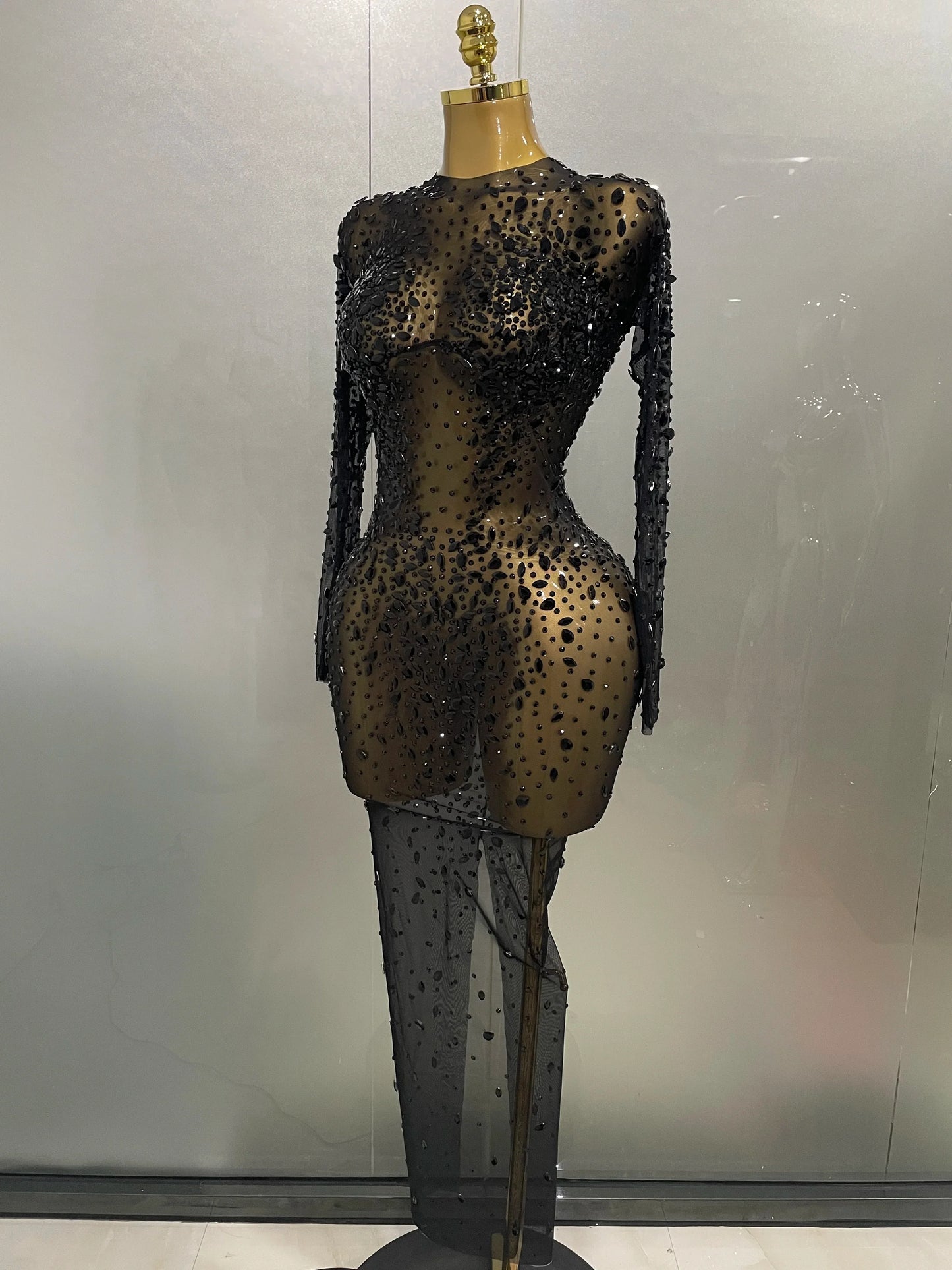Shinny Rhinestone Stretch Mesh Transparent Long Dress 2025New Women Evening Birthday Party Prom Nightclub Singer Stage Wear