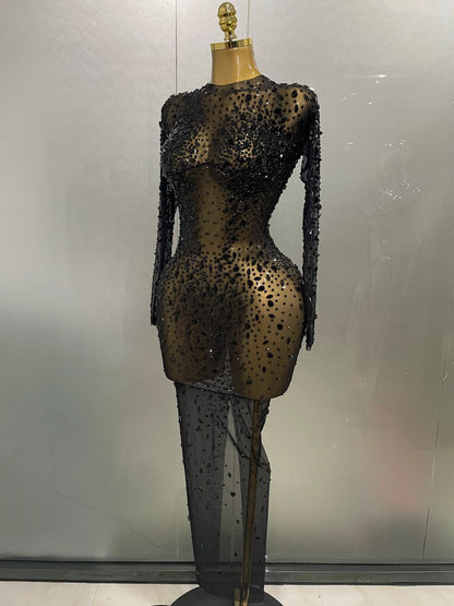 Shinny Rhinestone Stretch Mesh Transparent Long Dress 2025New Women Evening Birthday Party Prom Nightclub Singer Stage Wear
