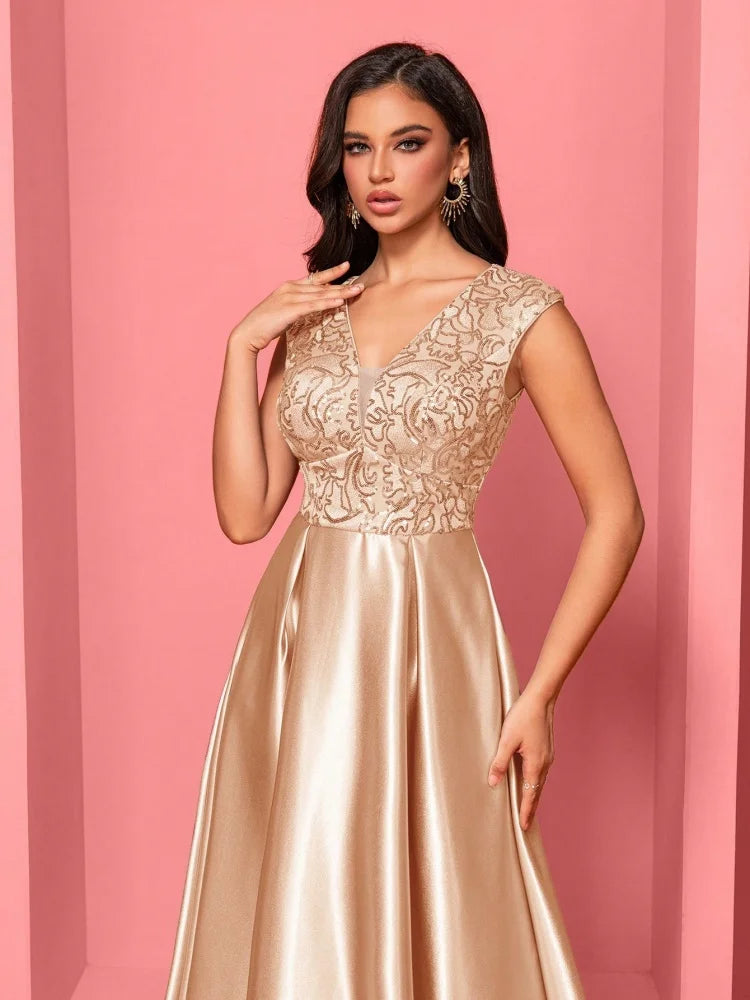 New Luxury Gold Satin V-Neck Sequins Embroidery Formal Evening Dresses Women Long Elegant Wedding Party A-line Cocktail Gowns