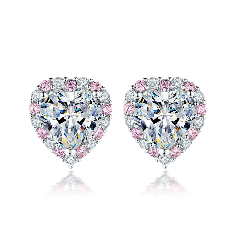 Pink Heart Moissanite Necklace Earring Set 2ct with Certificate Passed Diamond Test Women Jewelry Gift S925 Silver