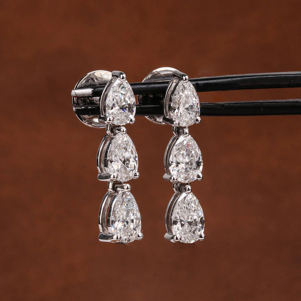 3-Stone Pear Cut Real Moissanite Diamond Drop Earrings for Women 925 Sterling Silver Waterdrop Dangle Earring with Certificate