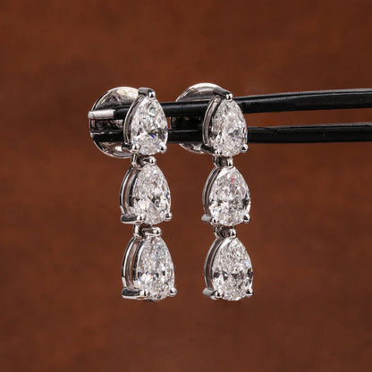 3-Stone Pear Cut Real Moissanite Diamond Drop Earrings for Women 925 Sterling Silver Waterdrop Dangle Earring with Certificate