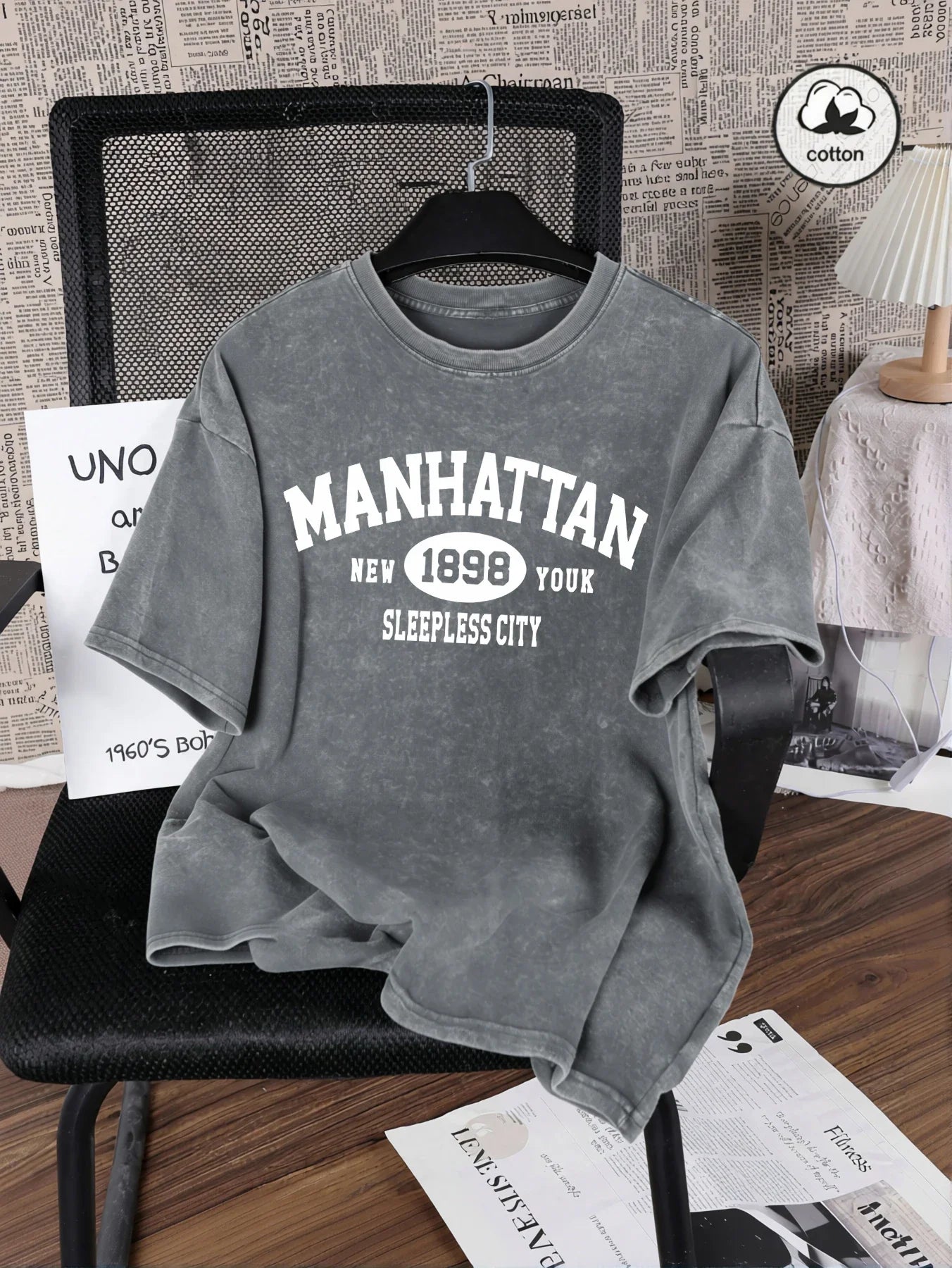 Manhattan New York Sleepless City Print Washed T Shirt Man Summer O-Neck Retro T-Shirts Fashion Cotton All-Match Top Unisex Tee