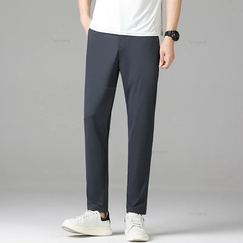 Summer Quick-drying Ice Silk Men's Casual Pants Ultra-thin Highly Elastic Business Casual Non-iron Trousers Black Gray Blue
