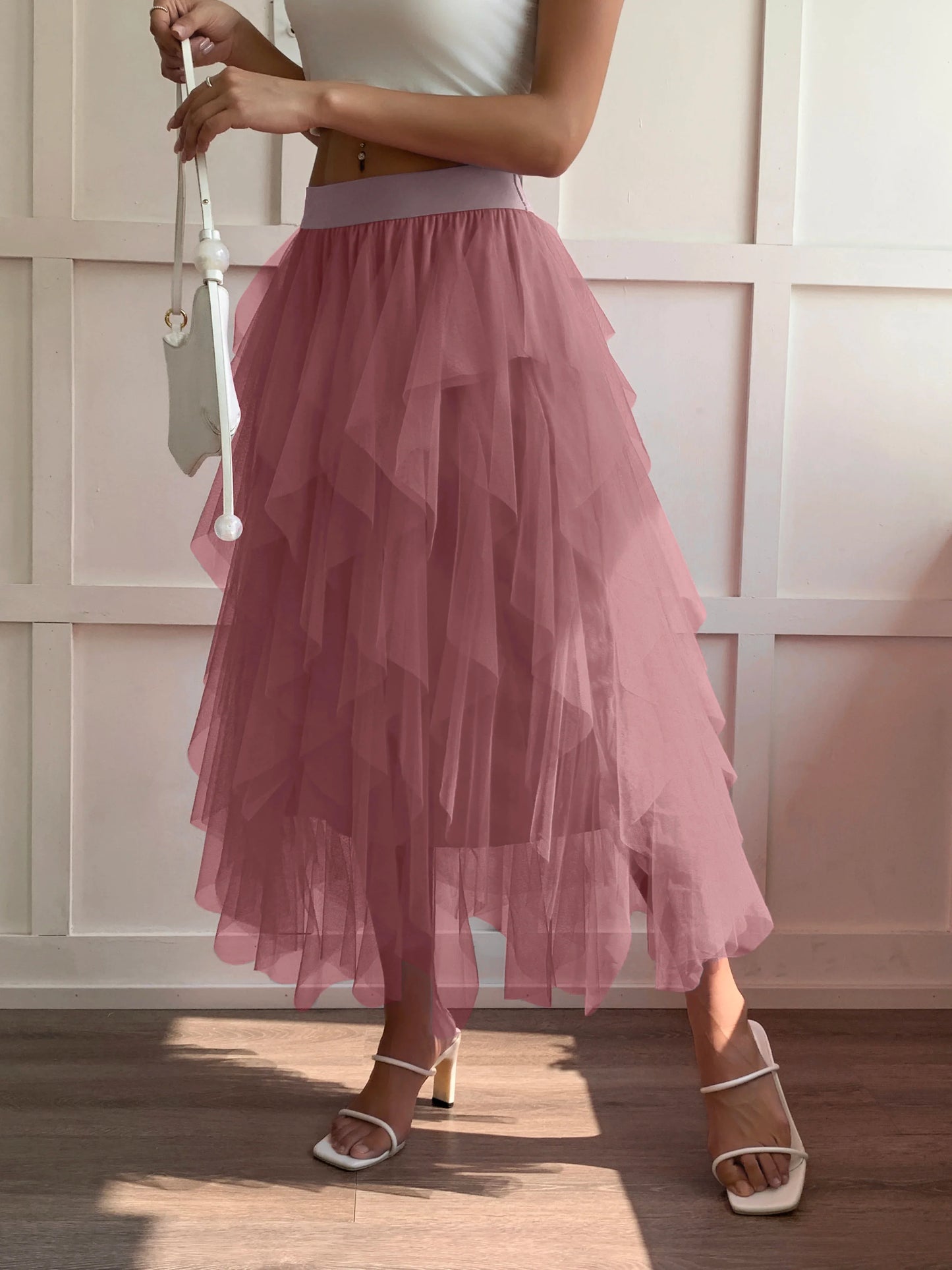 Medium waist chiffon long skirt for women, irregular layered pleated edge layered cake skirt, elegant fairy A-line skirt