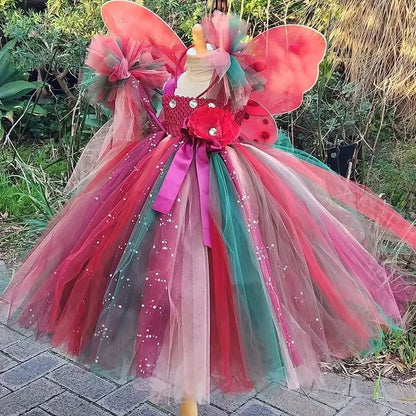Girls Red Glitter Flower Tutu Dress Kids Glitter Tulle Dress Ball Gown with Wing Children Birthday Party Costume Dresses