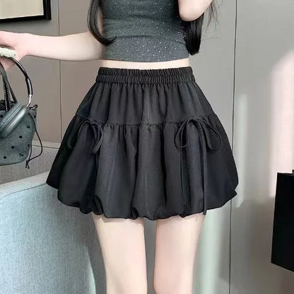 Summer Ballet Style Bow A-Line Women's Mini Skirts High Elastic Waist Tie Pleated Bud Balloon Skirt