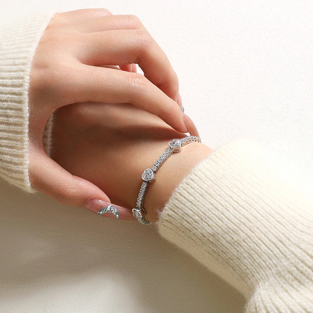 Heart Shaped Moissanite Bracelet for Women S925 Sterling Silver Adjustable Tennis Chain Gold Plated Trendy Fine Jewelry