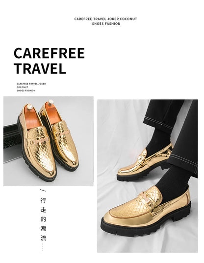 British Style Gold Luxury Loafers For Man Leather Shoes Design Pointed Toe Men's Dress Shoes Casual Wedding Formal Shoes Men