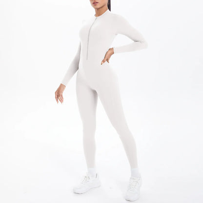 Solid Color Bodysuits for Woman's Backless Long Sleeved Zipper Yoga Jumpsuits High Dtrength Workout Sports Fitness Clothing Set