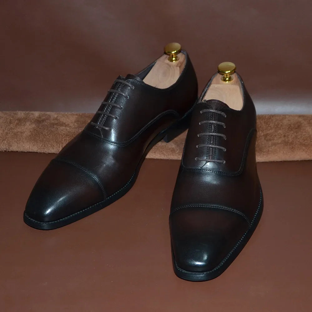 Classic Cowhide Genuine Leather Mens Dress Shoes Black Brown Cap Toe Lace-Up Oxford Company Business Office Formal Shoes for Men