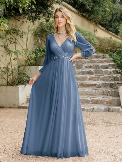 Elegant Women's Evening Dresses Tulle Full Sleeve Sexy V-Neck Prom Gowns Appliques Empire Pleated A-Line Elegant Bridal Dress