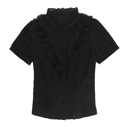 Cotton Shirts Women Vintage Gothic Black White Jacquard Short Sleeve Blouses Elegant Office Lady Y2k Tops