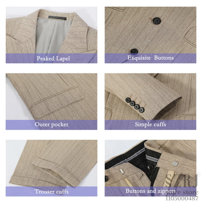 Men's 4-piece vertical striped pink suit - double button jacket+vest+pants+tie, suitable for wedding/business/daily wear