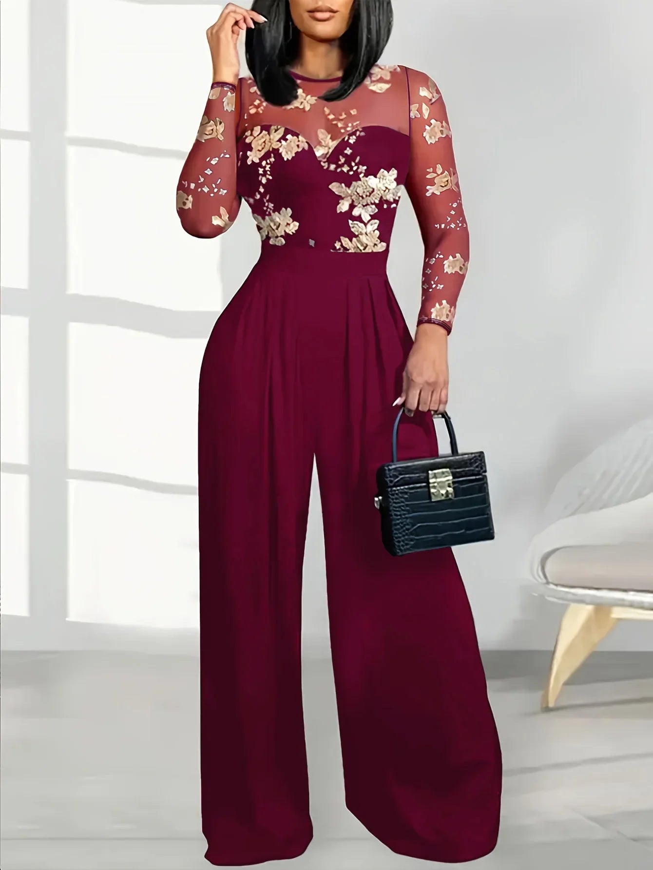 Women's Black Jumpsuit with Sheer Floral Embroidered Top Wide Leg Design Ideal for Evening Galas Cocktail Parties Formal Events