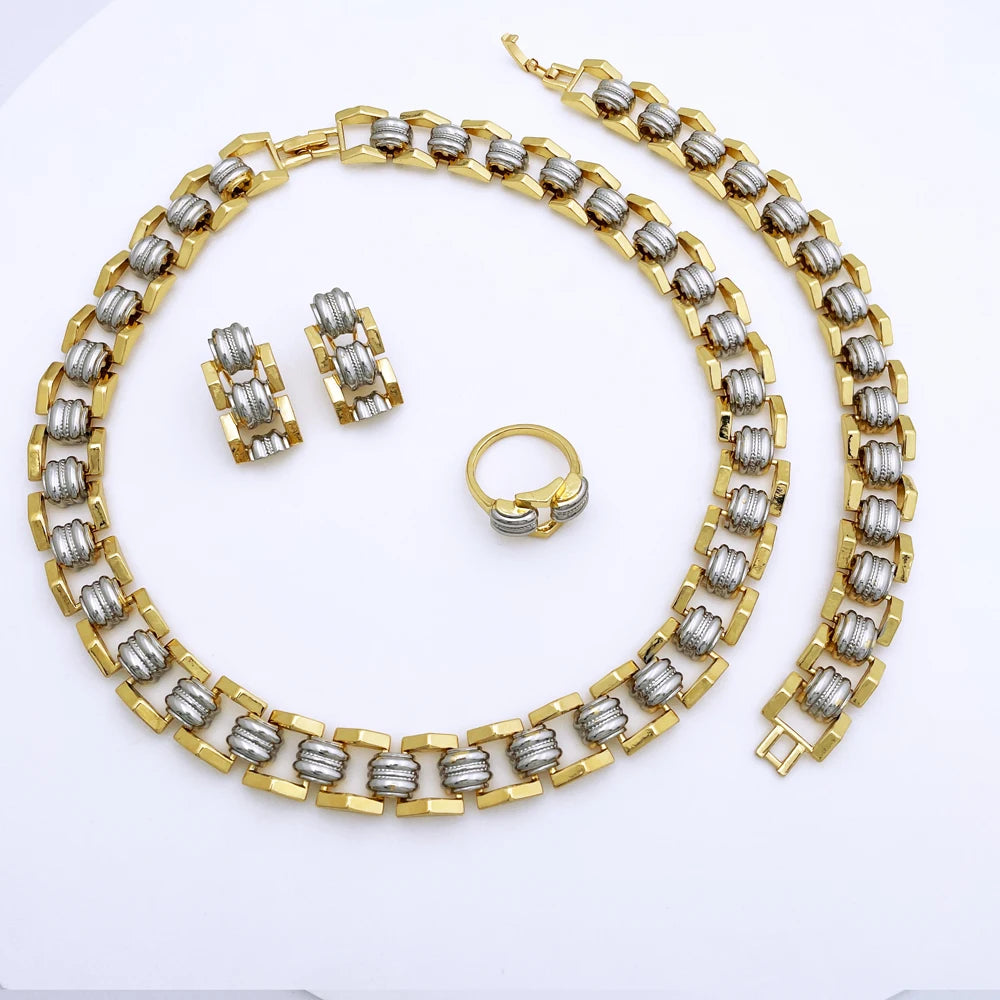 Conjunto de Joias de Alta Qualidade para Mulheres Dubai Nigéria Joias de Festa Colar Brincos Pulseira e Anel Presente para Festa de Casamento