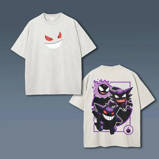 Gengar Vintage Washed Mens Womens T Shirt Anime Streetwear Short Sleeves Tee Graphic Print Casual Top 2026 Summer Y2k