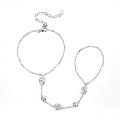 Dainty All Pear Round Cut Moissanite Finger Chain Bracelets Women 14-20cm Wrist Size Adjustable s925 Silver Hand Jewelry