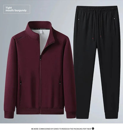 Spring Autumn New Men's Cotton Sports Suit Stand Collar Sweatshirt Middle-Aged And Elderly Casual Stylish Cardigan Loose-Fit 2-P