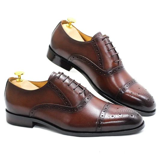 Luxury Genuine Leather Calfskin Cap Toe Oxfords Men's Dress Shoes Italian Style Lace-Up Wedding Business Formal Shoes for Men